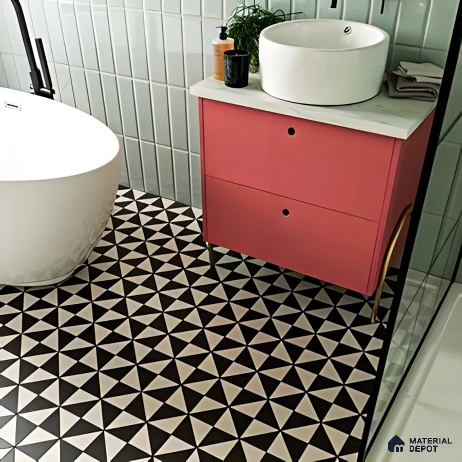 Chic Contrast: Coral Vanity and Monochrome Geometric Tile Bathroom | Material Depot