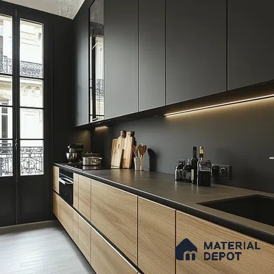 Chic Contrasts: Dark Stylish Kitchen with Natural Wood Accents and Subtle Under-Cabinet Lighting | Material Depot
