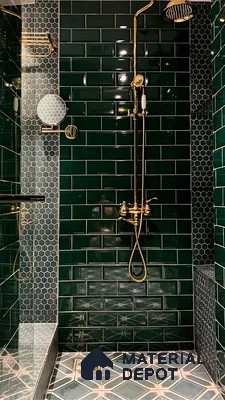 Chic Elegance: A Sophisticated Green Tile Bathroom with Golden Accents | Material Depot