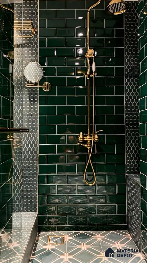 Chic Elegance: A Sophisticated Green Tile Bathroom with Golden Accents | Material Depot