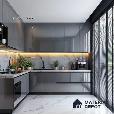Chic Gray Kitchen with Bright Lighting and Trendy Open Shelving | Material Depot