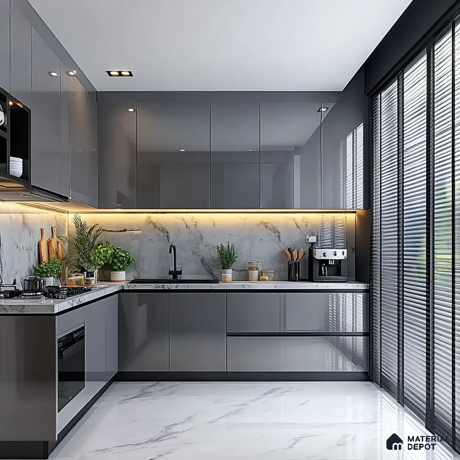 Chic Gray Kitchen with Bright Lighting and Trendy Open Shelving | Material Depot