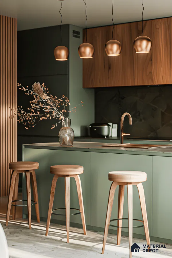 Chic Green Kitchen With Wooden Louvers | Material Depot