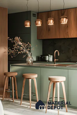 Chic Green Kitchen With Wooden Louvers | Material Depot
