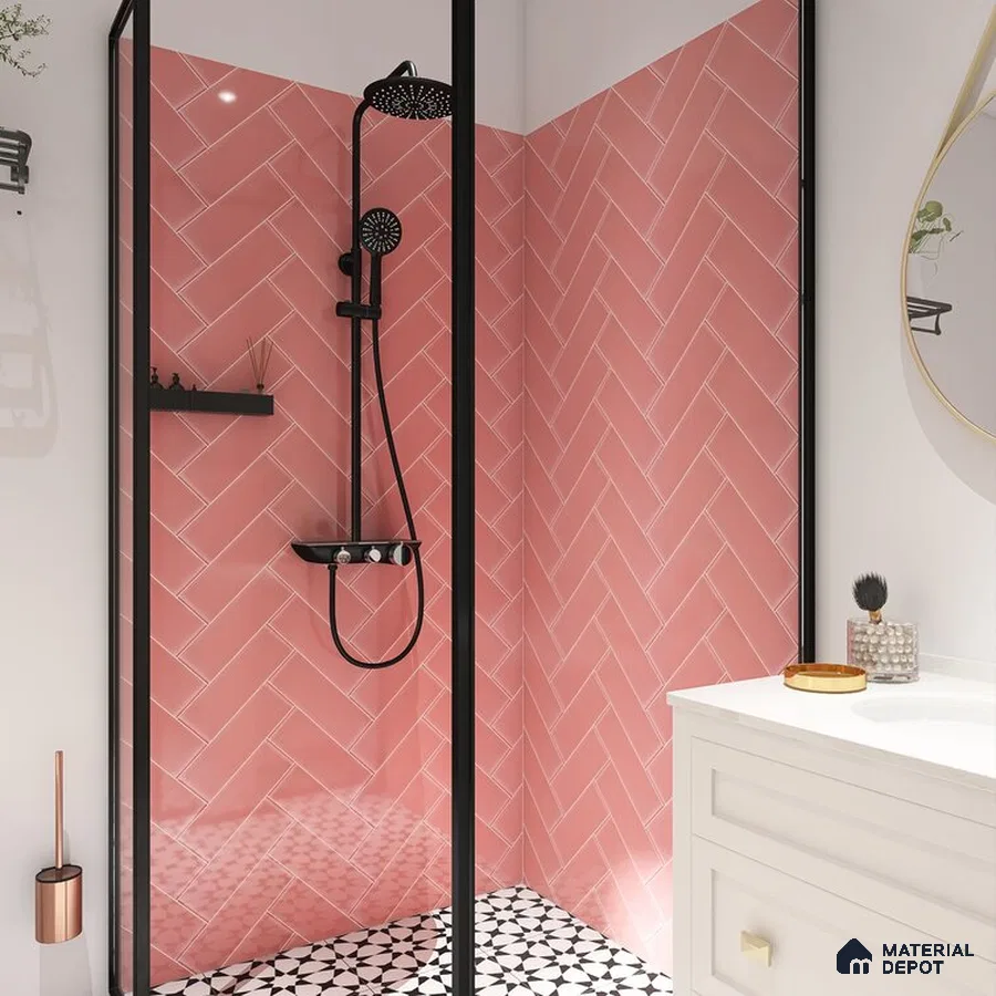 Chic Harmony Pink Tiles and Floral Accents in Modern Bathroom | Material Depot