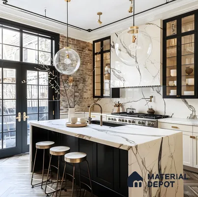 Chic Industrial Kitchen with Marble Island and Exposed Brick | Material Depot