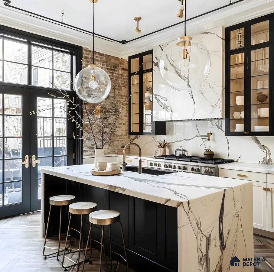 Chic Industrial Kitchen with Marble Island and Exposed Brick | Material Depot