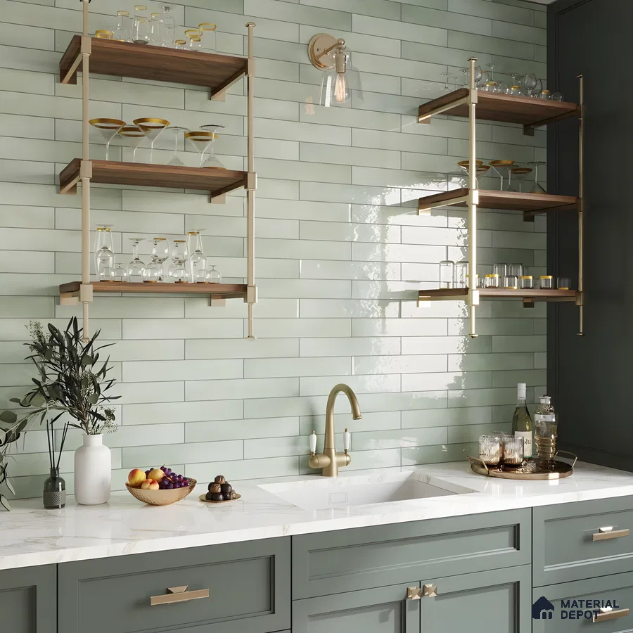 Chic Kitchen Bar Area With Glossy Sage Green Subway Tiles, Brass Fixtures, And Marble Countertops | Material Depot