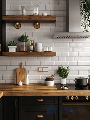 Chic Kitchen with Black Cabinets and Warm Wood Shelves | Material Depot