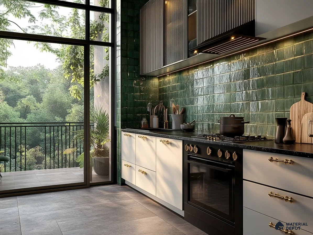 Chic Kitchen with Green Tile Backsplash and Garden View | Material Depot