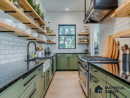 Chic Kitchen with Open Shelving and Modern Finishes | Material Depot
