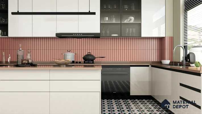 Chic Kitchen with Peach Backsplash and Patterned Flooring | Material Depot
