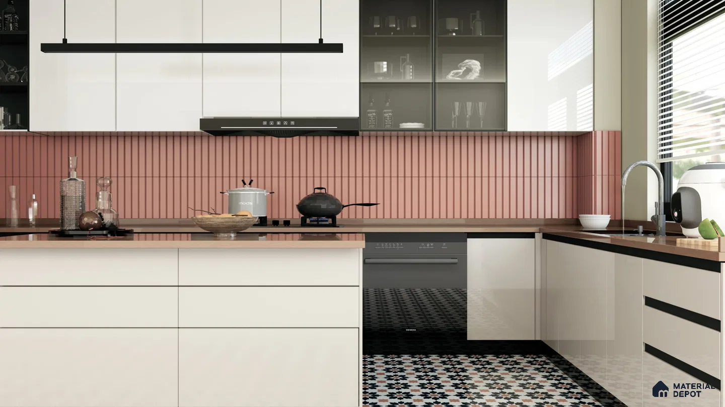 Chic Kitchen with Peach Backsplash and Patterned Flooring | Material Depot