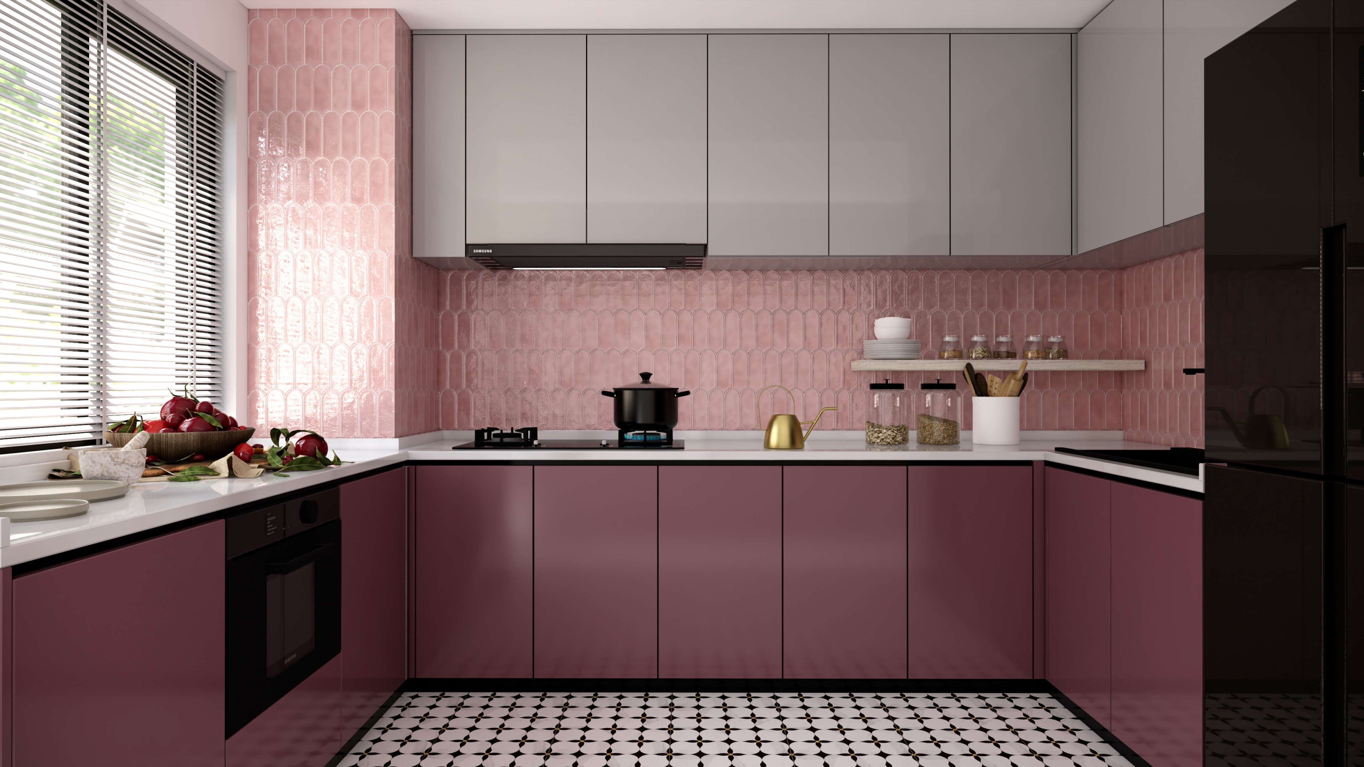 Modern Kitchen with Blue Subway Tiles and Mustard Glossy Cabinets | Material Depot