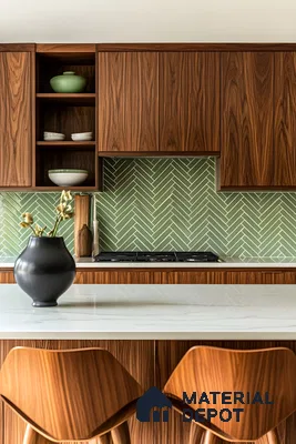 Chic Kitchen with Walnut Cabinets and Herringbone Tile Backsplash | Material Depot