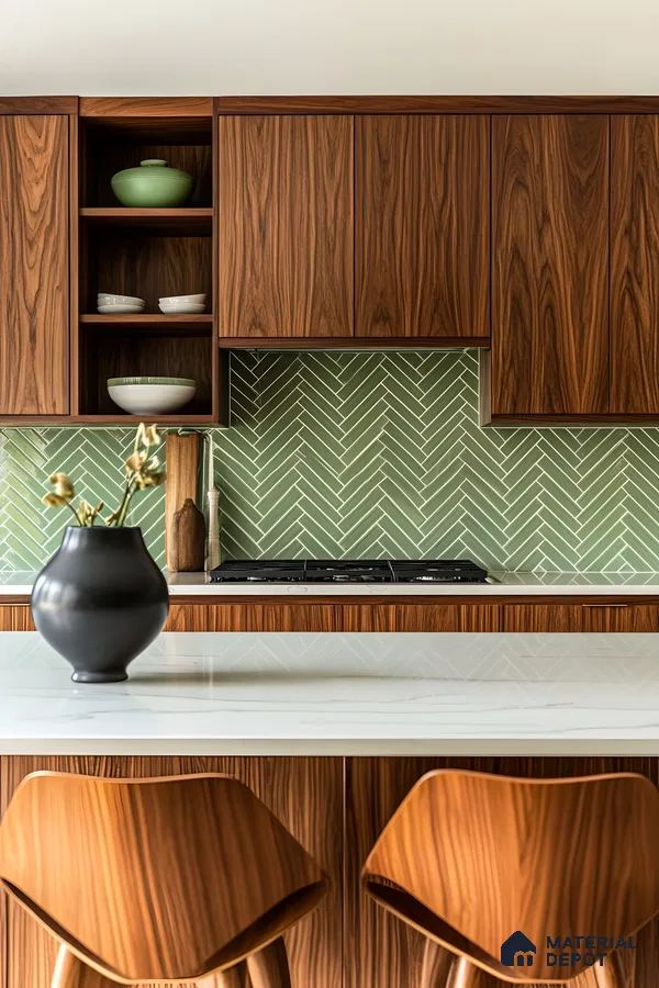 Chic Kitchen with Walnut Cabinets and Herringbone Tile Backsplash | Material Depot
