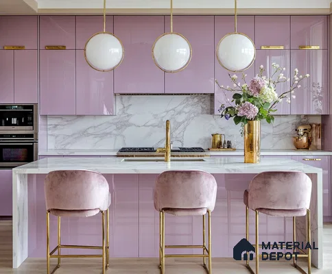 Chic Lavender Kitchen with Marble Island and Elegant Gold Details | Material Depot