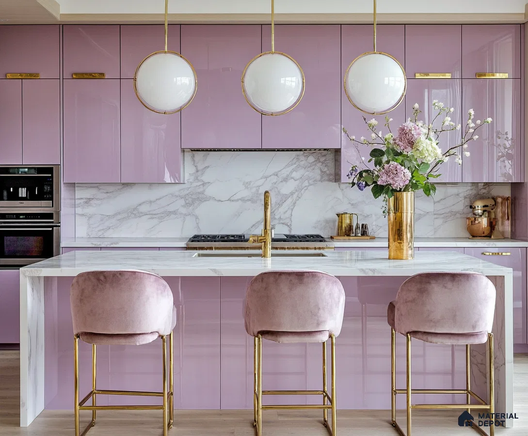 Chic Lavender Kitchen with Marble Island and Elegant Gold Details | Material Depot