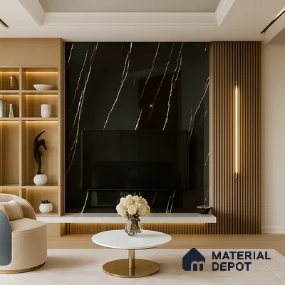 Chic Living Room with Black Marble TV Wall and Light Wood Accents | Material Depot
