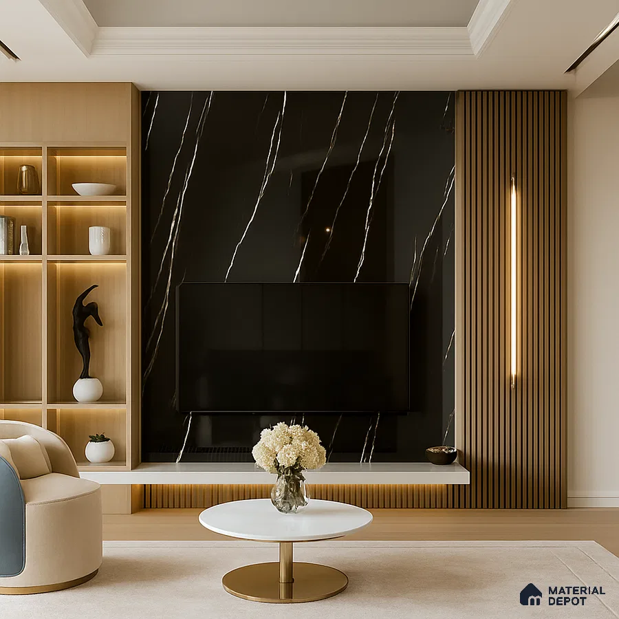 Chic Living Room with Black Marble TV Wall and Light Wood Accents | Material Depot