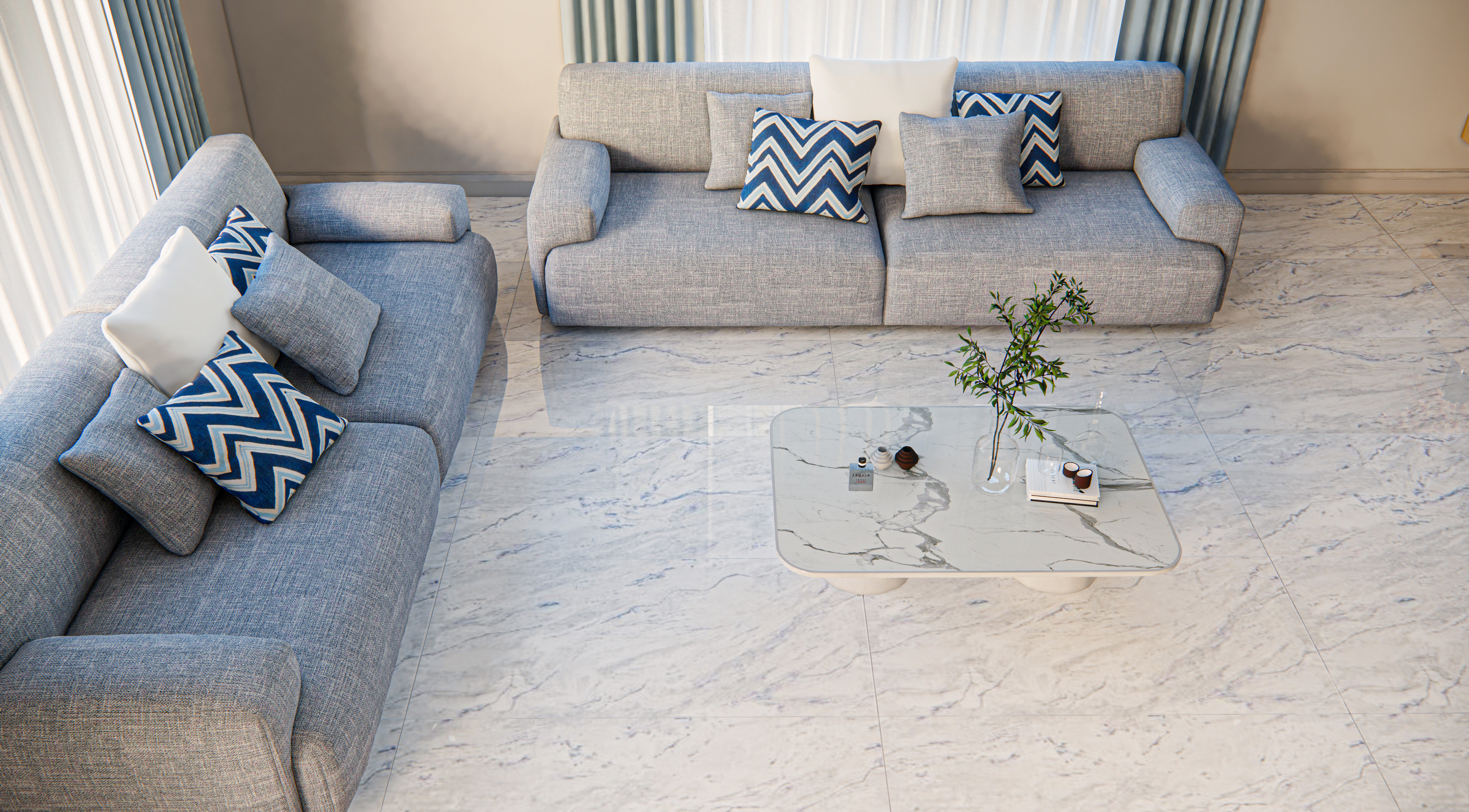 Chic Living Room with Blue Accents and Marble Finishes | Material Depot