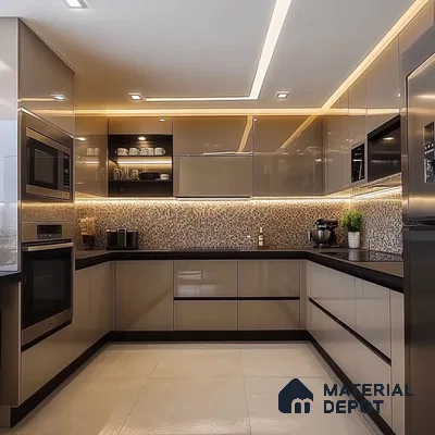 Chic Mocha Kitchen with Mosaic Tile Backsplash and High-Gloss Cabinets | Material Depot