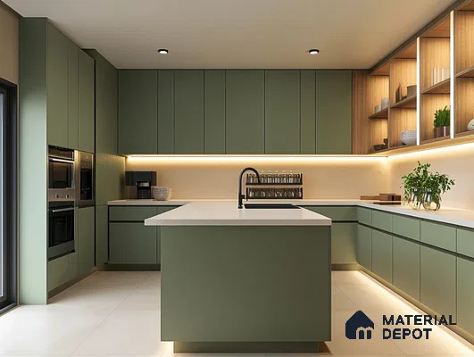 Chic Modern Kitchen in Green with Open Shelving | Material Depot