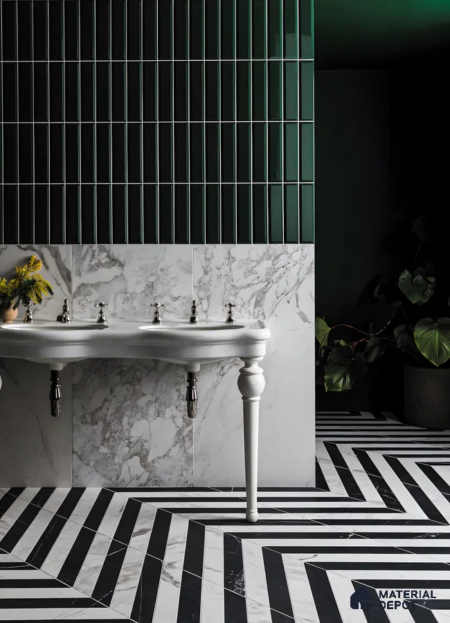 Chic Monochrome and Emerald Green Bathroom with Marble Accents | Material Depot