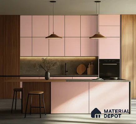 Chic Pink and Wood Laminate Kitchen with Modern Minimalist Aesthetics | Material Depot