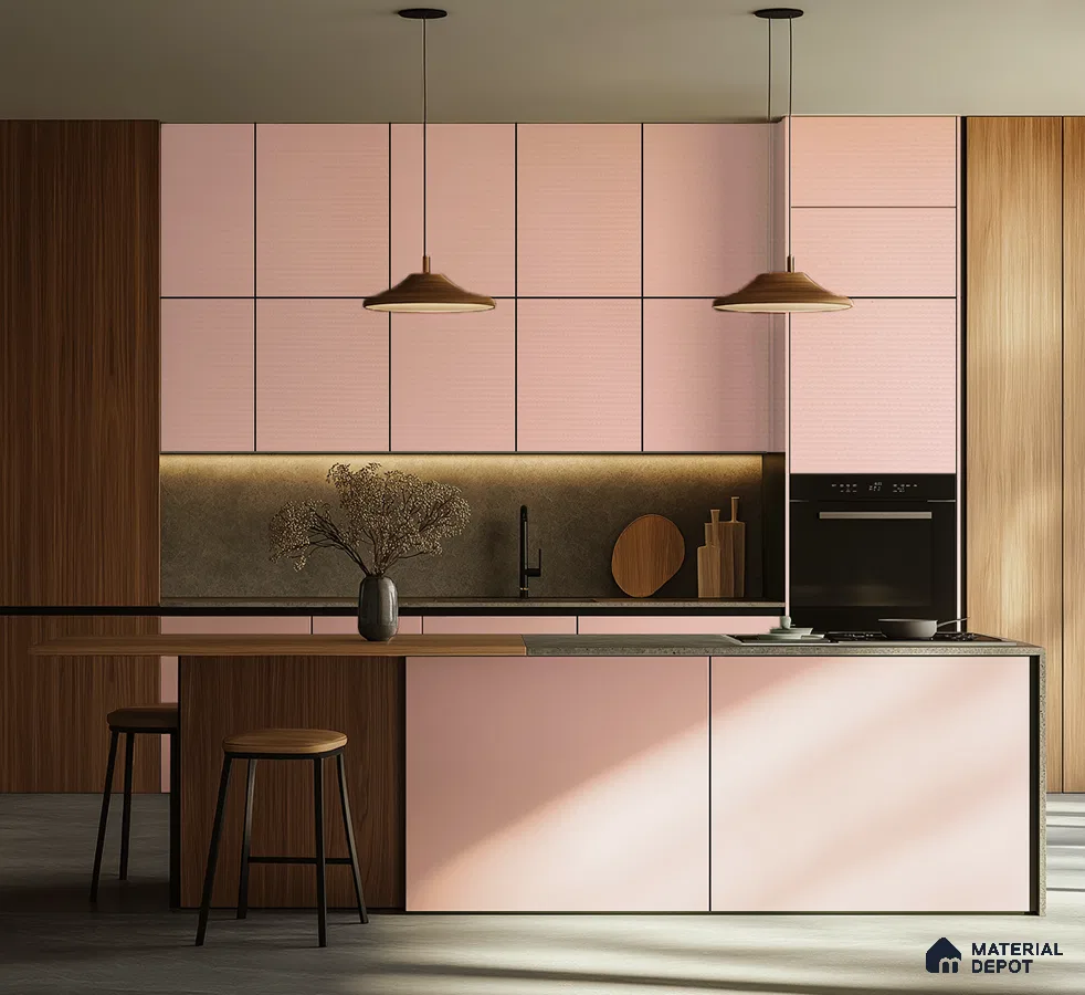 Chic Pink and Wood Laminate Kitchen with Modern Minimalist Aesthetics | Material Depot