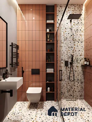 Chic Restroom Space with Wall-Mounted Fixtures and Walk-In Shower | Material Depot