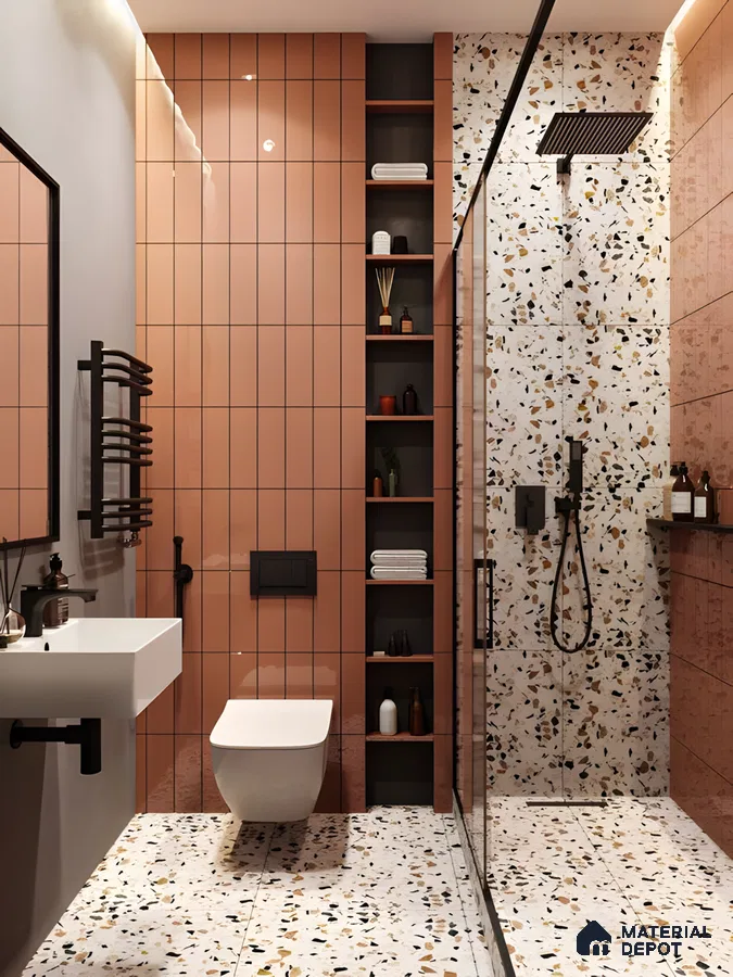 Chic Restroom Space with Wall-Mounted Fixtures and Walk-In Shower | Material Depot