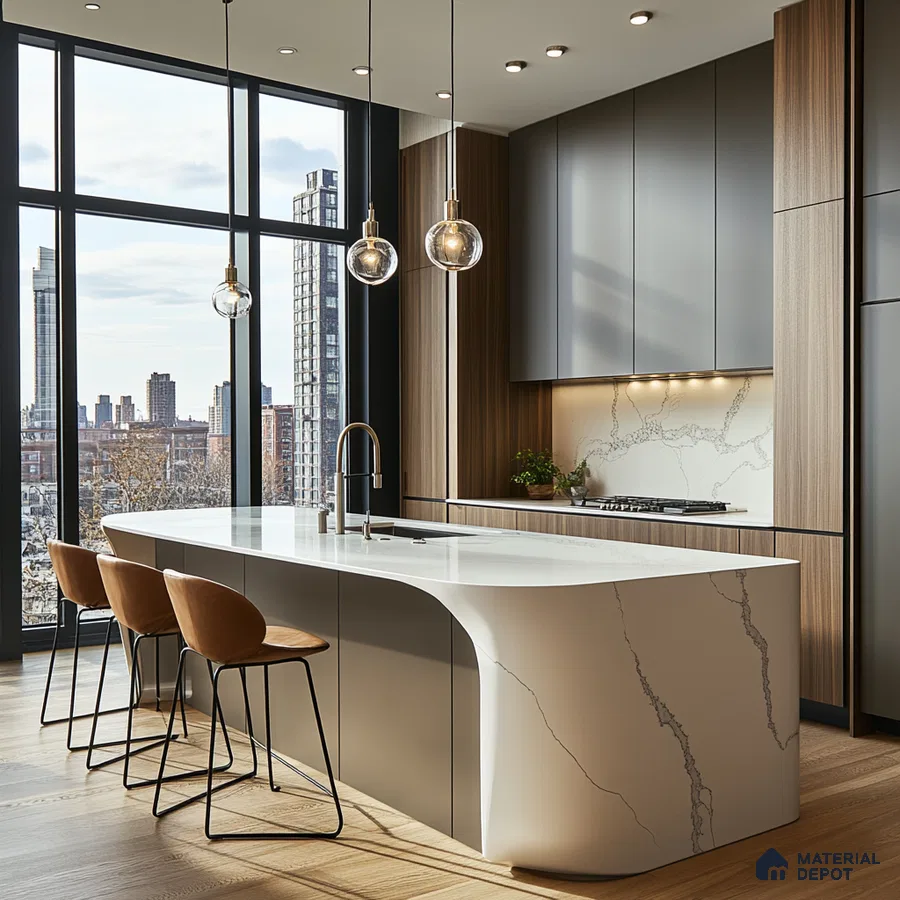 Chic Urban Kitchen with Curved Island and Panoramic City Views | Material Depot