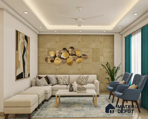 Stylish compact living room with modern decor, chic furniture, and decorative accents.