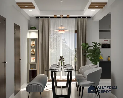 Contemporary dining room: Chic grey elegance sets the stage for a stylish and inviting culinary experience.