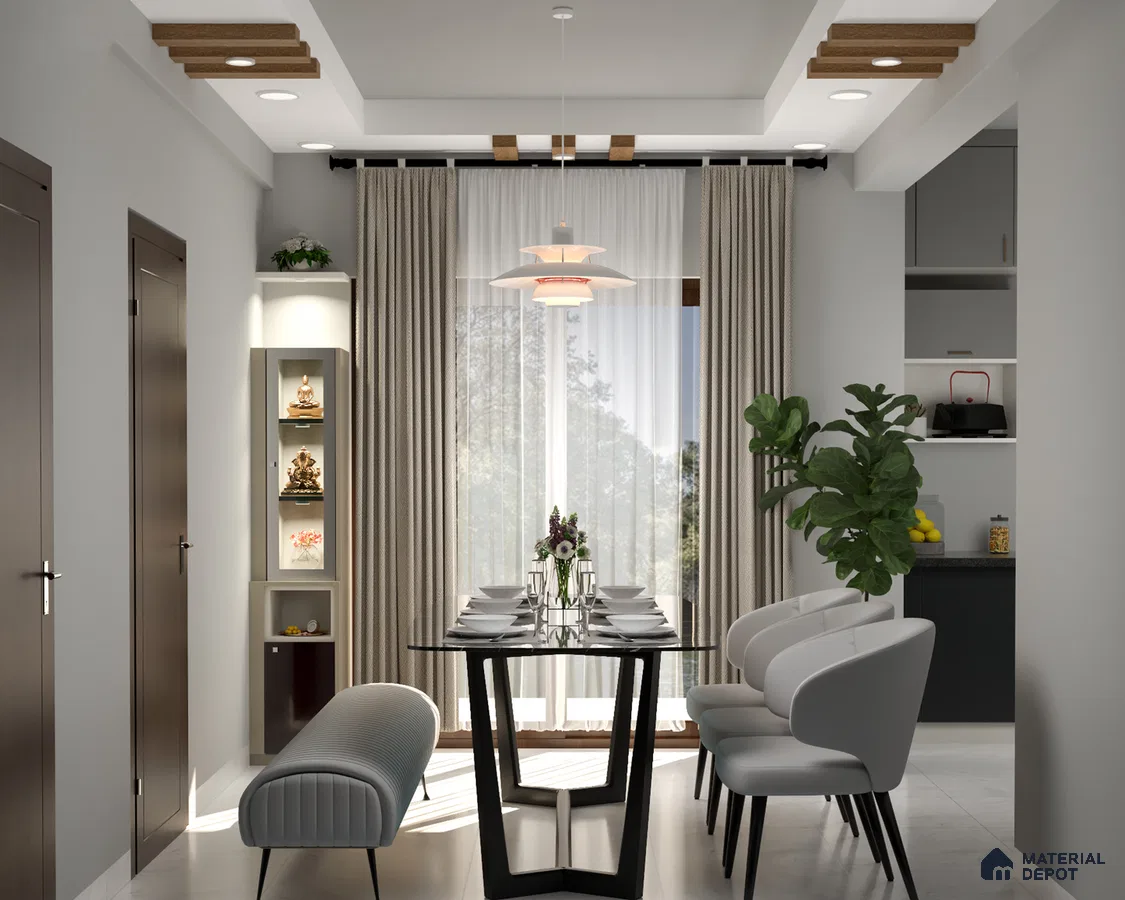 Contemporary dining room: Chic grey elegance sets the stage for a stylish and inviting culinary experience.