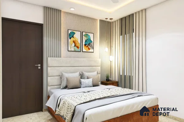 Master bedroom with fabric headboard, geometrical art on the wall, a cozy bed, and ambient lighting, exuding chic serenity.