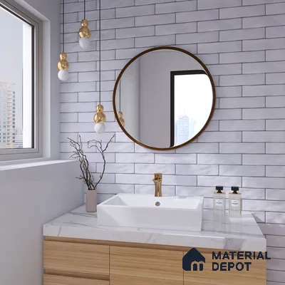 Cityscape Serenity White Elegance with Golden Accents in Bathroom | Material Depot