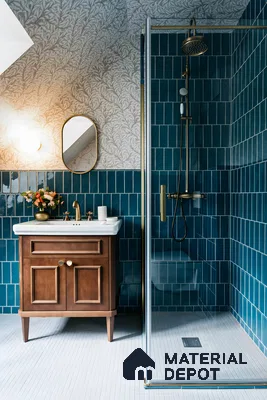 Classic Bathroom with Blue Subway Tiles and Floral Wallpaper | Material Depot