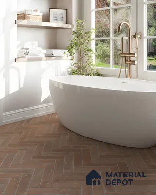 Classic Bathroom Design with Herringbone Marble Floor and Freestanding Tub Brigade Nanda Heights Padmanabhanagar | Material Depot