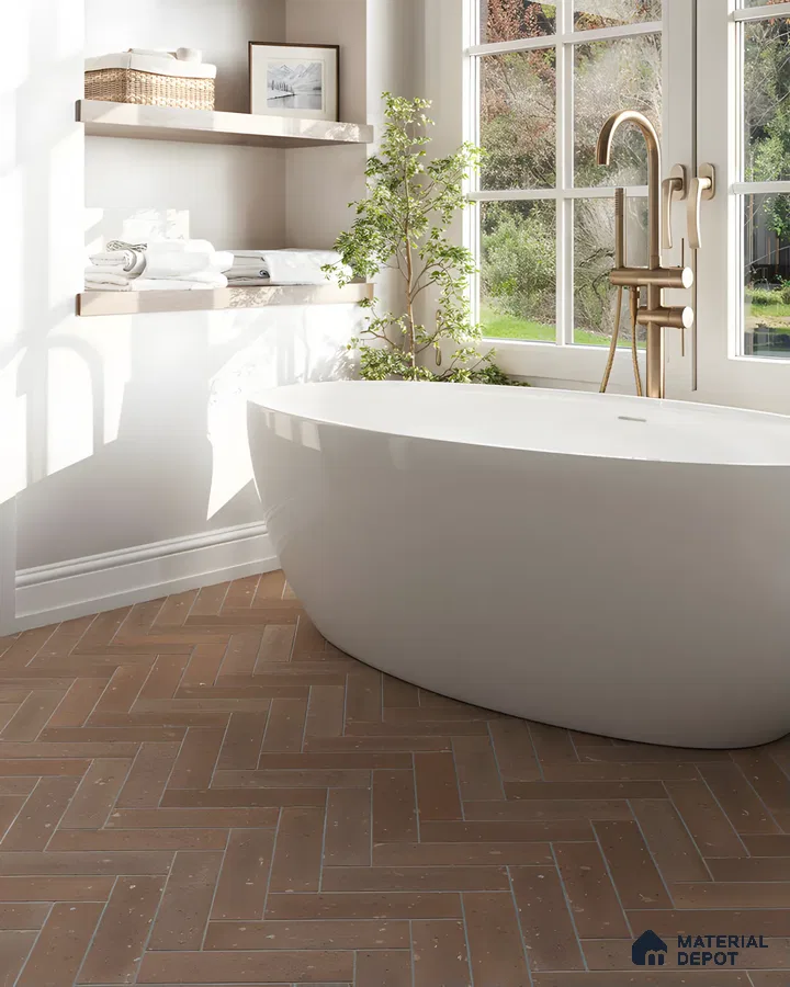 Classic Bathroom Design with Herringbone Marble Floor and Freestanding Tub Brigade Nanda Heights Padmanabhanagar | Material Depot