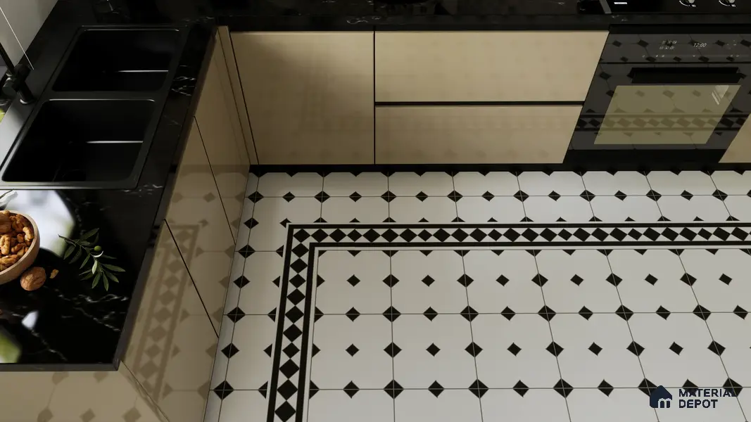 Moroccan Carpet Floor Tile TL 00202 B Border Monochrome 1 ft x 1 ft Matte Finish Ceramic Tile - 9 mm | Suitable For Living Room, Kitchen, Bathroom | Please Expect a Slight Variation of Pattern