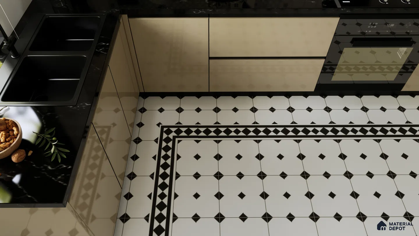 Classic Black and White Kitchen with Geometric Floor Tiles | Material Depot
