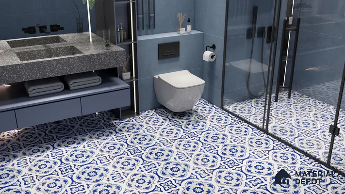 Classic Blue and White Moroccan Tiles in a Modern Bathroom | Material Depot