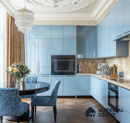 Modern Olive Green Kitchen with Sparkly Laminate and Elegant Marble Details | Material Depot