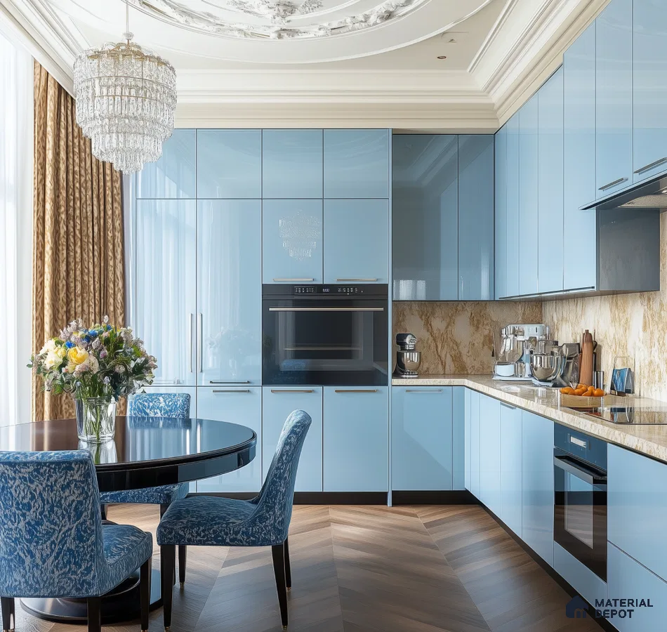 Modern Olive Green Kitchen with Sparkly Laminate and Elegant Marble Details | Material Depot