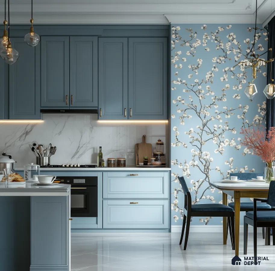 Classic Blue Kitchen with Floral Accent Wall and Marble Countertops | Material Depot