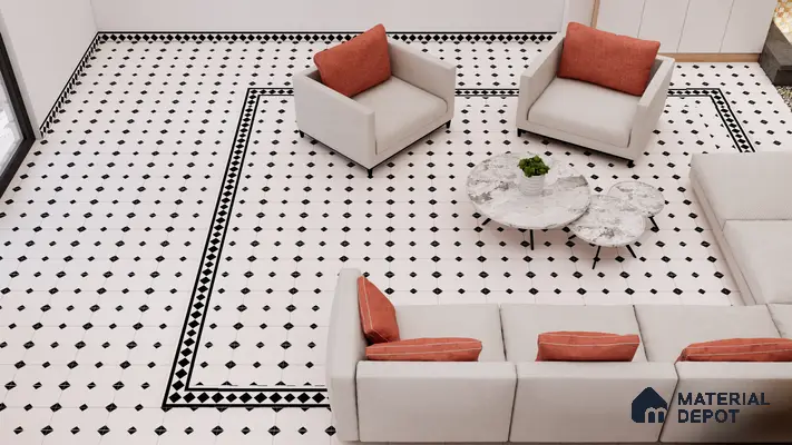 Classic Checkered Border Floor in Contemporary Living Room | Material Depot