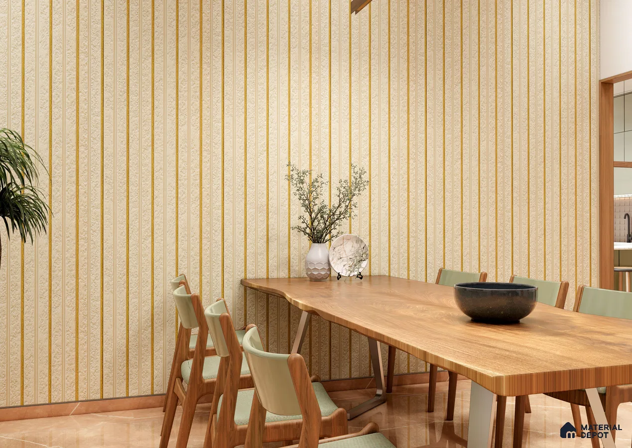 Classic Dining Room with Cream Textured Louvers and Wooden Table | Material Depot