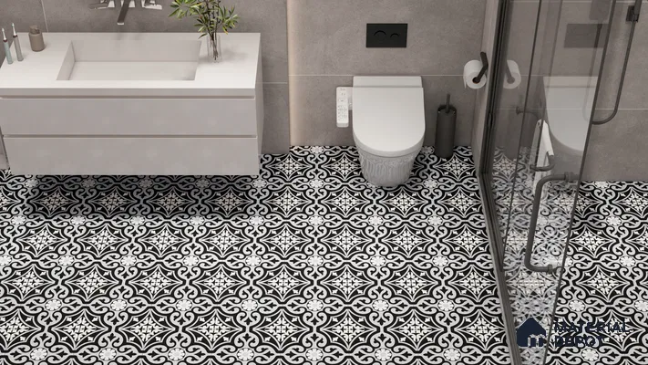 Classic Elegance Bathroom with Black and White Moroccan Floor Tiles | Material Depot